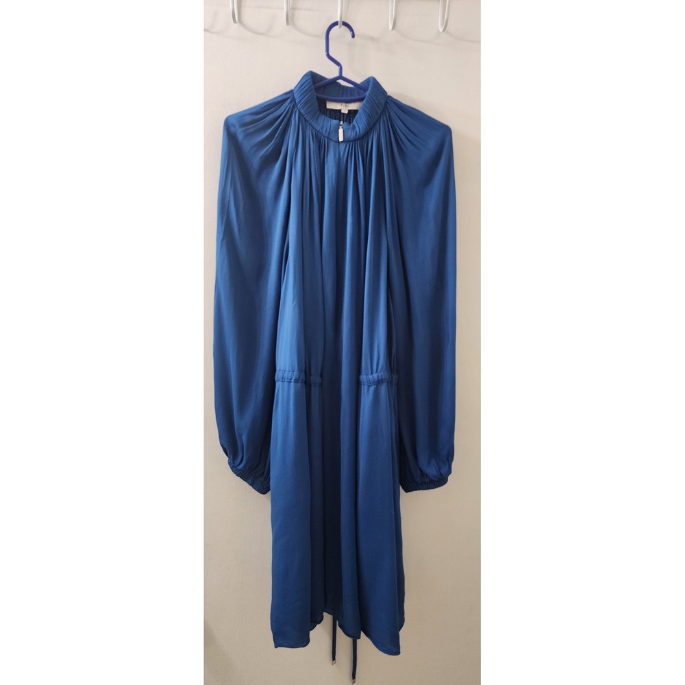 Tibi Blue Pleated Mock Neck Long Sleeve Drawstring Waist Dress Medium